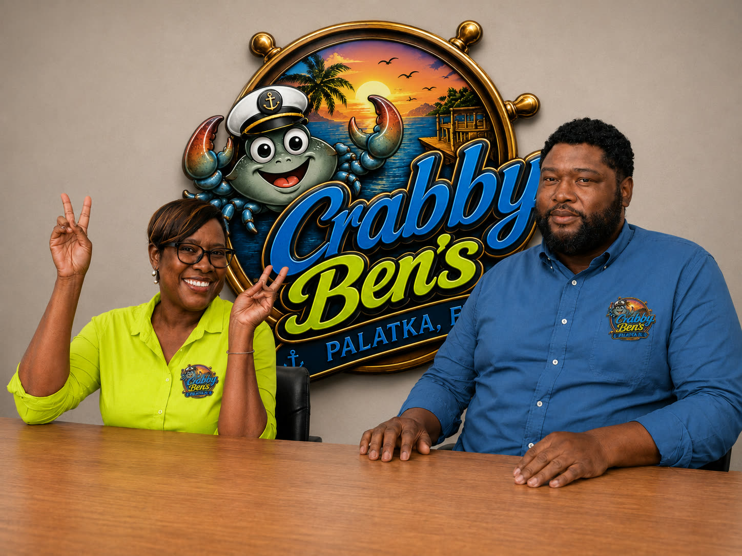 The founders of Crabby Ben's Seafood & Bar seated beneath the restaurant logo