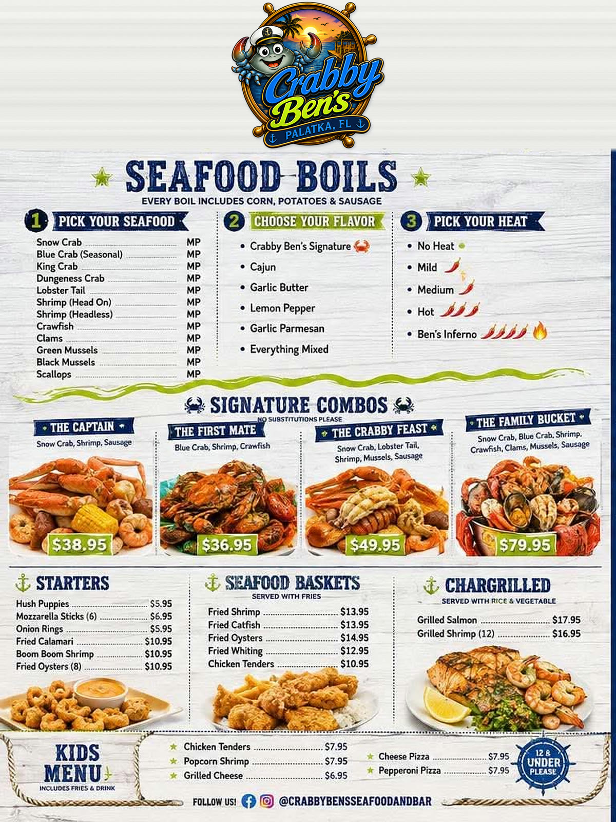 Crabby Ben's printed menu, page one — seafood boils, signature combos, starters, baskets, chargrilled, kids menu
