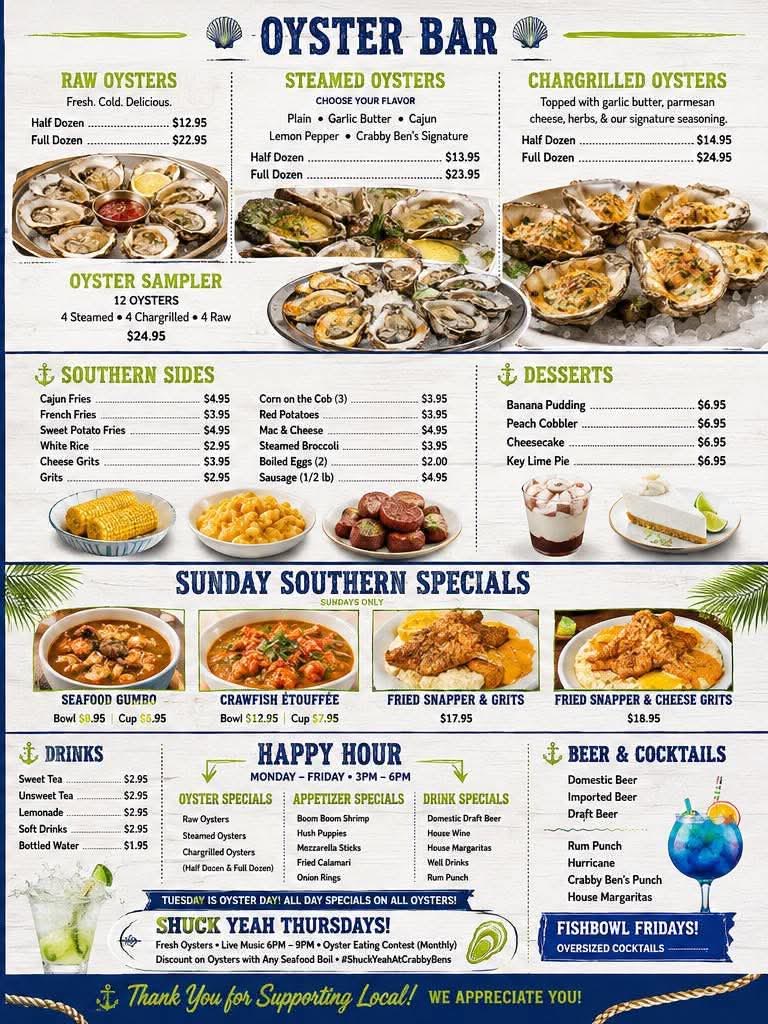 Crabby Ben's printed menu, page two — oyster bar, southern sides, desserts, Sunday specials, drinks, happy hour