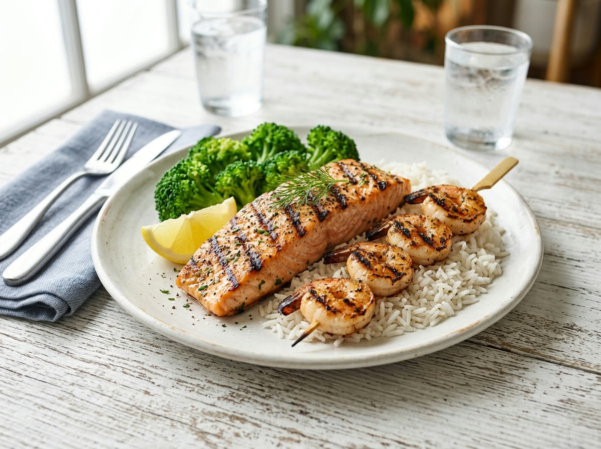 Grilled salmon and shrimp with rice and vegetables